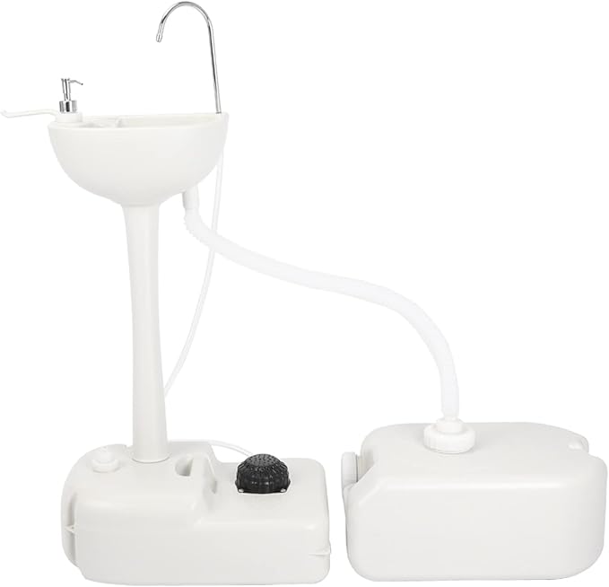 Outvita Portable Camping Sink w/ 19L Water Tank Rolling Wheels Towel Holder Soap Dispenser Faucet, Outdoor Foot Pump Washing Station for RV Boat Travel Picnic Worksit