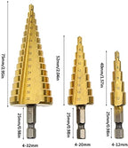 3 Pcs Straight Grooved Step Drill Bit Set, High Step Steel Titanium Drill Bits Set Power Tools 4-12/4-20/4-32mm Hex Shank Drive, HSS Cut Tool Set for Metal Wood Steel DIY Plastic