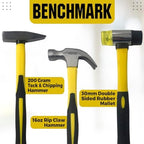 Benchmark - 3 Piece Hammer Set; 16 OZ. Claw Hammer, Tack Hammer; Rubber Mallet (Double SIded); Shock Absorbing Rubber Grips, Durable Fiberglass Handles And Polished Steel Heads