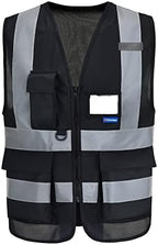 A-SAFETY 7 Pockets Hi Viz Zipper Front Working Safety Vest with Reflective Strips, Multiple Colors Available, Black M