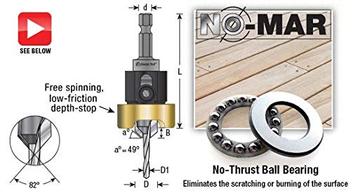 Amana Tool 82 Degree Countersink with Drill Bit Depth Stop and No-Thrust Ball Bearing, 55225, 3/8 D x 3/32 Drill D x 1/4 Inch Quick Release Hex Shank