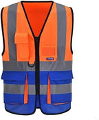 A-SAFETY Industrial Safety Vest, Hi Vis 9 Pockets High Visibility Zipper Front Reflective Safety Vest, Orange&Blue Color Mixed, XL