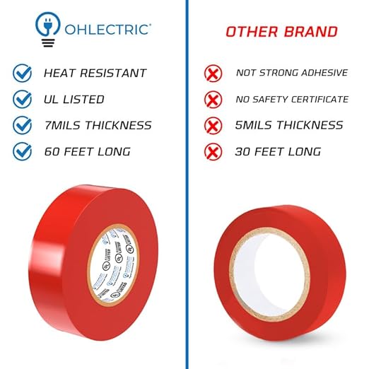 OHLECTRIC Professional Grade Vinyl Electrical Tape (20 Pack) Red - 7 Mil Thick Flame-Retardant, Heat & Weather Resistant 3/4 Inch x 60 Feet | Ideal for Contractors & Electricians