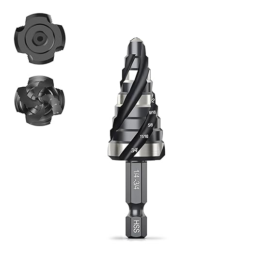 THINKWORK Four Spiral Flute Step Drill Bit, HSS Step Drill Bit 1/4"-3/4" (9 Steps) Unibit Step Drill Bit, 1/4" Shank Step Bits for Aluminum, Wood, Plastic, Metal