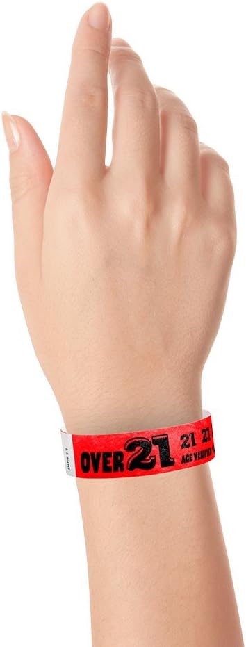 200 WristCo Over 21 Neon Red Tyvek Wristbands for Events - ¾” x 10” - Waterproof Recyclable Comfortable Tear Resistant Paper Bracelets Wrist Bands for Concerts Festivals Admission Party