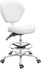 Grace&Grace Drafting Chair Adjustable Tall Shop Stool, Rolling Chair with Backrest and Footrest for Computer, Studio, Workshop, Classroom, Lab, Counter, Home Office (White)