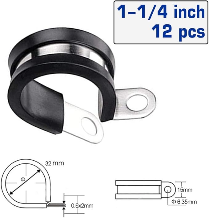 HOLYBEAR 1-1/4 Inch Stainless Steel Cable Clamp, Rubber Insulated Metal Conduit Wire Holder Strap Clips for Pipe, Tube, Hose Bracket (32mm, 12pcs)