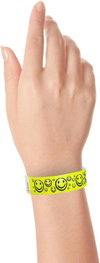 500 WristCo Yellow Smiley Face Tyvek Wristbands for Events - ¾” x 10” - Waterproof Recyclable Comfortable Tear Resistant Paper Bracelets Wrist Bands for Concerts Festivals Admission Party