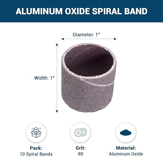 Benchmark Abrasives 1" x 1" Aluminum Oxide Abrasive Spiral Bands for Rotary Tools, Drum Sleeves for Sanding Deburring Blending Polishing on Metals Plastic Wood Rubber (10 Pack) - 80 Grit