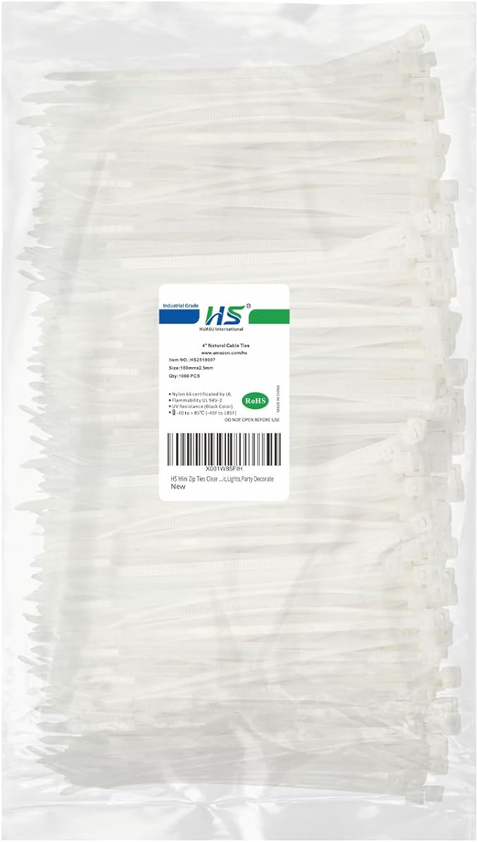 HS 1000 Pack Mini Zip Ties Clear Plastic Ties 4 Inch Bulk 4" White Cable Ties 18 Lb for Bag Tags,Electric,Lights,Party Decorate