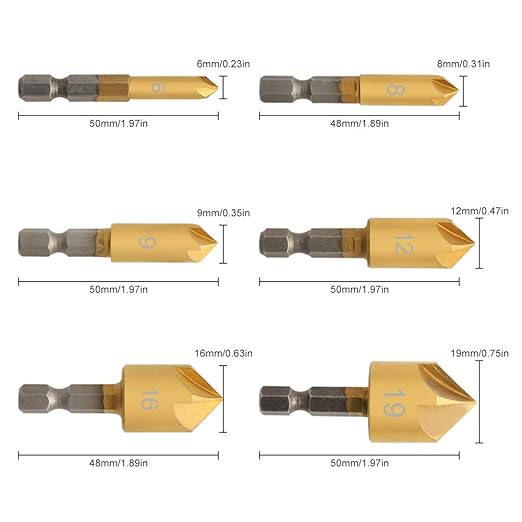 COMOWARE Countersink Drill Bit Set- 7 Pcs Counter Sinker Drill Bits for Wood, Quick Change, 1/4'' Hex Shank, High Speed Steel, 5 Flute 90 Degree Center Punch Tool, 1/4''-3/4''