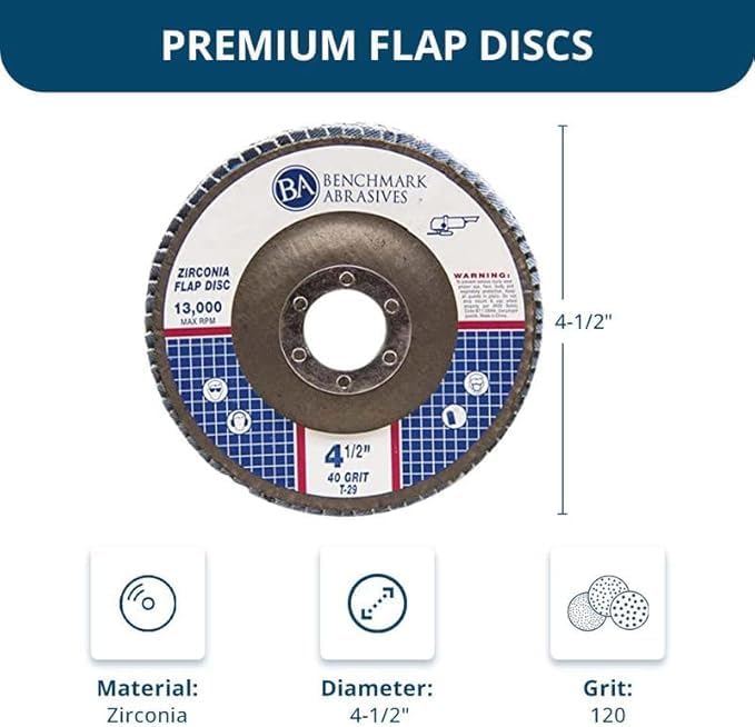 Benchmark Abrasives 4.5" x 7/8" Premium Zirconia T29 Angled Flap Discs 4 1/2 for Angle Grinder, Sanding Discs, Finishing, Rust, Stock Removal- Grinding Wheels 4 1/2 Inch (10 Pack) - 120 Grit