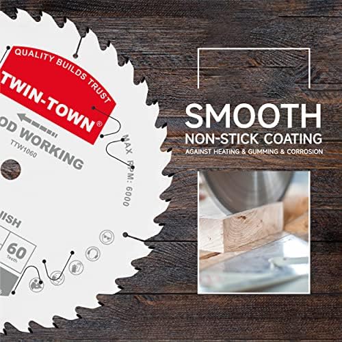 TWIN-TOWN 10-Inch 60-Tooth ATB Fine Finish Wood Cutting Circular Saw Blade, 5/8 Inch Arbor, Compatible with Table and Miter Saws, Premium Quality Woodworking Saw Blade