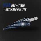 Four Spiral Flute Step Drill Bit, 3/16" - 7/8"(12 Sizes) 1/4" Hex Shank Cobalt Step Drill Bit Fully Coated with TiAlN for Metal, Stainless Steel, Aluminum, Plastic