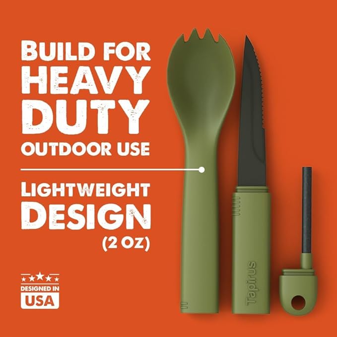 Tapirus Spork Tactical 2-pack Orange/Green | BPA Free Spork, Stainless Steel Knife and Fire Starter | 3 in 1 multipurpose utensil | Hiking, camping & backpacking gear | Fit for MRE