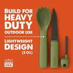 Tapirus Spork Tactical 2-pack Orange/Green | BPA Free Spork, Stainless Steel Knife and Fire Starter | 3 in 1 multipurpose utensil | Hiking, camping & backpacking gear | Fit for MRE
