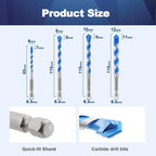 Carbide Drill Bit Set - Dry Drill Bit Set for Masonry, Concrete, Bricks, Wood, Plastic etc(6 * 2/8/10/12MM Quick-fit Shank)