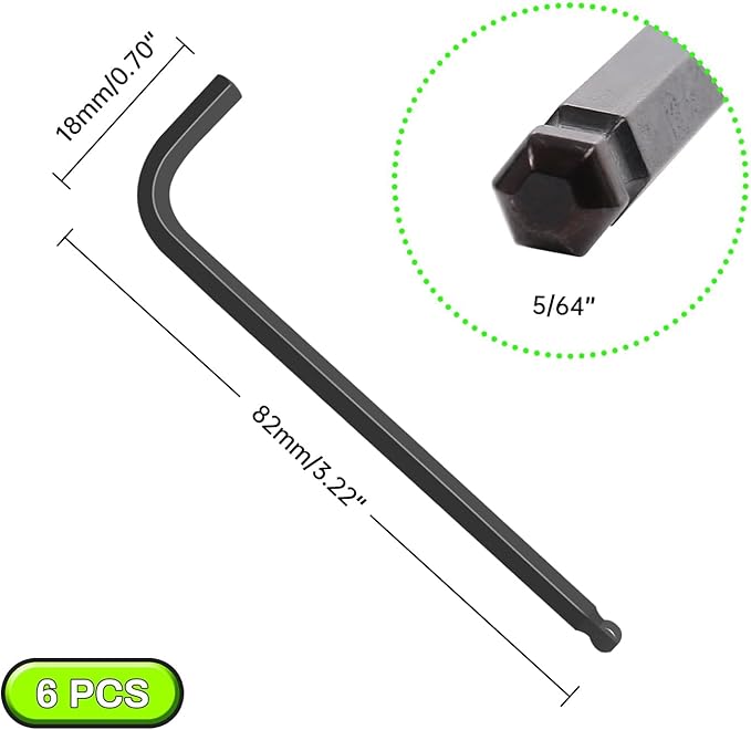 5/64" Ball End Hex Key Set, 6pcs L-Shaped Allen Wrenches Long Arm,CR-V Steel, Black Oxide Finish, High Torque Repairing Tool for Furniture, Bike, Equipment Maintenance
