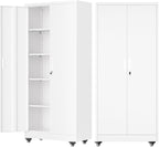 Pataku 73" Metal Storage Cabinet with Wheels, Garage Storage Cabinet with 4 Adjustable Shelves & Lockable Doors for Garage Home Office, Heavy Duty Tool Cabinets（White）
