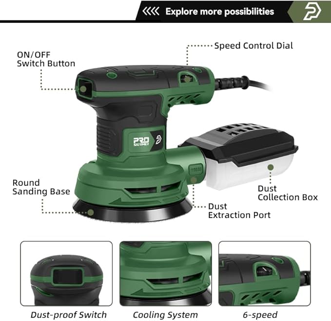 Prostormer 5-Inch Random Orbital Sander with 21PCS Sandpapers, 8000-13000RPM, 2.6AMP Palm Sander with 6 Variable Speeds, Dust Collection For Polishing, Sanding