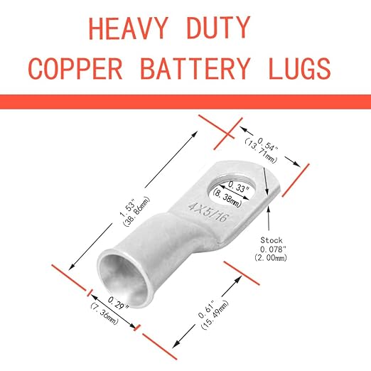4 AWG 5/16" Stud (10 pcs.) Battery Ring Terminals, 4 Gauge Wire Lugs, Tubular Ring Terminal Connectors, Tinned Copper Eyelets