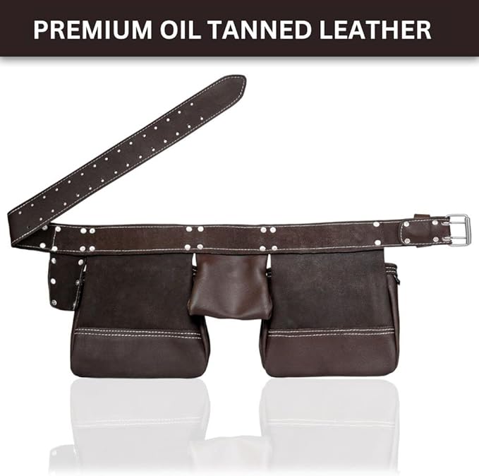 FUERI Leather Tool Belt Bag Men Pouch Heavy Duty Tools Pouches Organizer for Carpenter Construction Electrician Belts Bags Holder (11 Pocket Chocolate, Adjustable)