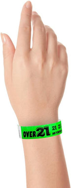 200 WristCo Over 21 Neon Green Tyvek Wristbands for Events - ¾” x 10” - Waterproof Recyclable Comfortable Tear Resistant Paper Bracelets Wrist Bands for Concerts Festivals Admission Party