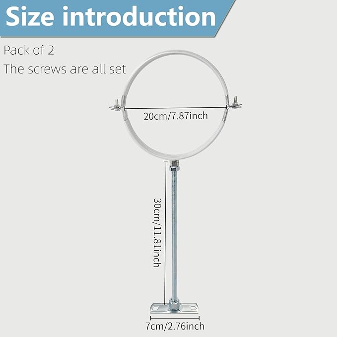 2 Sets 8 Inch Adjustable Pipe Bracket，Heavy Duty Galvanized Iron Stove Pipe Hanger Strap，Wall Support Chimney Pipe Holder，Round Split Ring Vent Conduit Carrier Kit，with All Mounting Screws