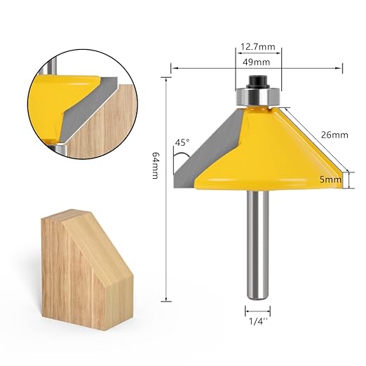 WSOOX 5PCS Chamfer Router Bits with 1/4" Shank Bevel Edge Forming Router bits (11.25°,15°,22.5°,30°,45°.)