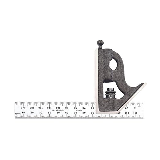 Starrett Steel Combination Square with Square Head - 150mm Blade Length, Cast Iron Heads, Hardened Steel, Reversible Lock Bolt, Scriber, 35 Graduation Type - C11MH-150