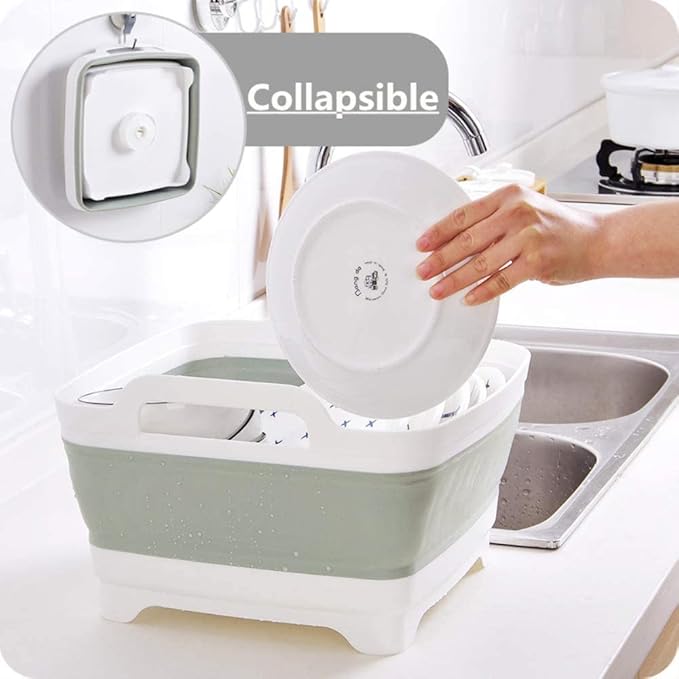 Collapsible Dish Basin with Drain Plug and Carry Handles - 9L Capacity, Portable Sink Tub for Camping and RV