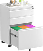 Superday White 3 Drawer Mobile Locking File Cabinet, Metal Rolling Vertical Filing Cabinet with Drawers, Small Under Desk File Cabinets for Office and Home, Fully Assemble