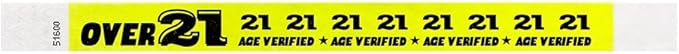 200 WristCo Over 21 Neon Yellow Tyvek Wristbands for Events - ¾” x 10” - Waterproof Recyclable Comfortable Tear Resistant Paper Bracelets Wrist Bands for Concerts Festivals Admission Party