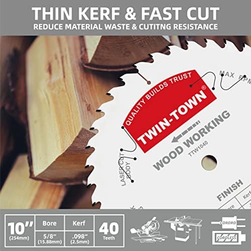 TWIN-TOWN 10-Inch 40-Tooth ATB Fine Finish Wood Cutting Circular Saw Blade, 5/8 Inch Arbor, Compatible with Table and Miter Saws, Premium Quality Woodworking Saw Blade