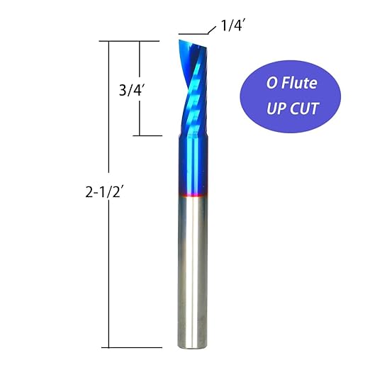 O Single Flute Upcut Spiral End Mill CNC Router Bit with NACO Coating for Plastic Cutting with Mirror Finish (5, 1/4 D x 3/4 CH x 1/4 SHK x 2-1/2 L)