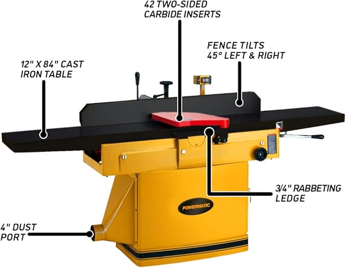 Powermatic ArmorGlide 12-Inch Parallelogram Jointer, Helical Cutterhead, 3 HP, 230V 1Ph (Model 1285T)