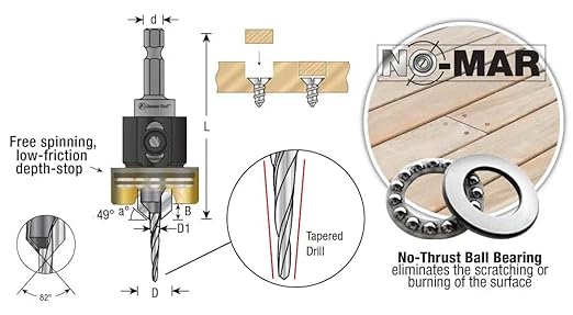 Amana Tool 55151 Carbide Tipped 82 Degree Countersink with Tapered Drill and Adjustable Depth Stop with No-Thrust BB 3/8 D x 1/8 Drill D x 1/4 Inch Quick Release Hex SHK
