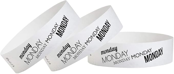500 WristCo Monday White Tyvek Wristbands for Events - ¾” x 10” - Waterproof Recyclable Comfortable Tear Resistant Paper Bracelets Wrist Bands for Concerts Festivals Admission Party