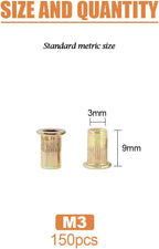 Keadic 150Pcs M3 Rivet Nuts Metric Zinc Plated Rivet Nut Carbon Steel Rivet Nut Flat Head Threaded Insert Kit Threaded Rivet Insert Nutsert Rivnuts Kit for Furniture