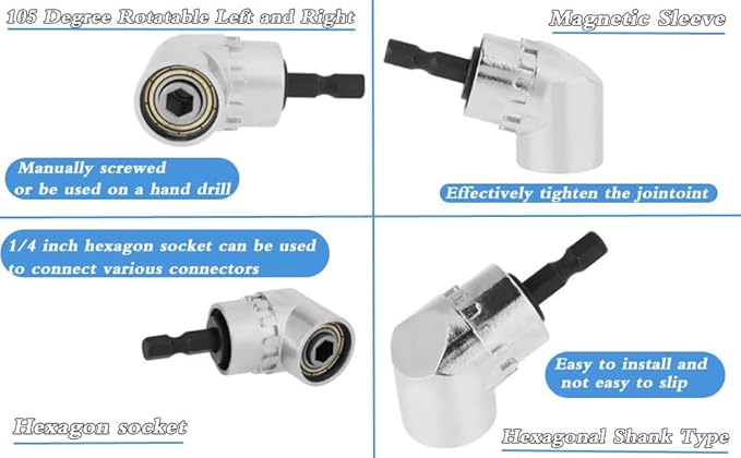 105 Degree Right Angle Drill Adapter, 1/4" Hex Shank Driver Angle Drill Attachment with Multi-function Bend Screwdriver Bit, Angle Driver for Drill, Drill Attachment for Household Work (L+S（SR）+FS)