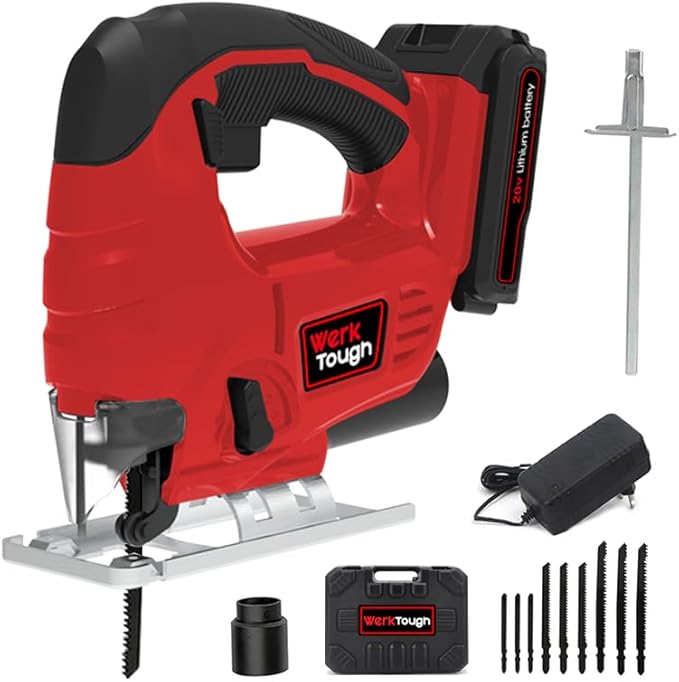 Cordless Jig Saw,20V Electric Jigsaw Tool Kit with Variable Speed,Pendulum Function, 0-45°Adjustable Cutting Bevel,2.0A Li-ion Battery With 1 Hour Fast Charger,9pcs Free Blade