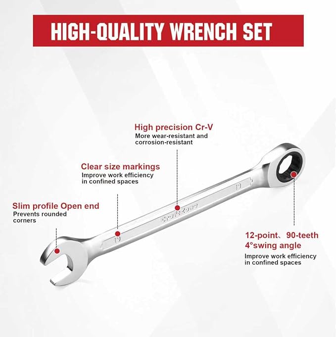 12pcs Ratchet Combination Wrench Set Metric And Standard, Ratcheting Wrench Set with Organizer Box, 12 Point Wrench Se t, Cr-V Constructed, 90-Teeth, Metric 8mm-19mm