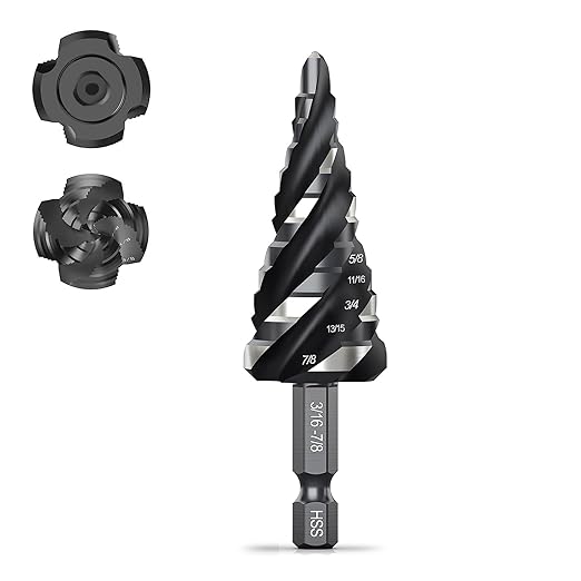 THINKWORK Four Spiral Flute Step Drill Bit, HSS Step Drill Bit3/16-7/8 (12 Steps) Unibit Step Drill Bit, 1/4" Shank Step Bits for Aluminum, Wood, Plastic, Metal