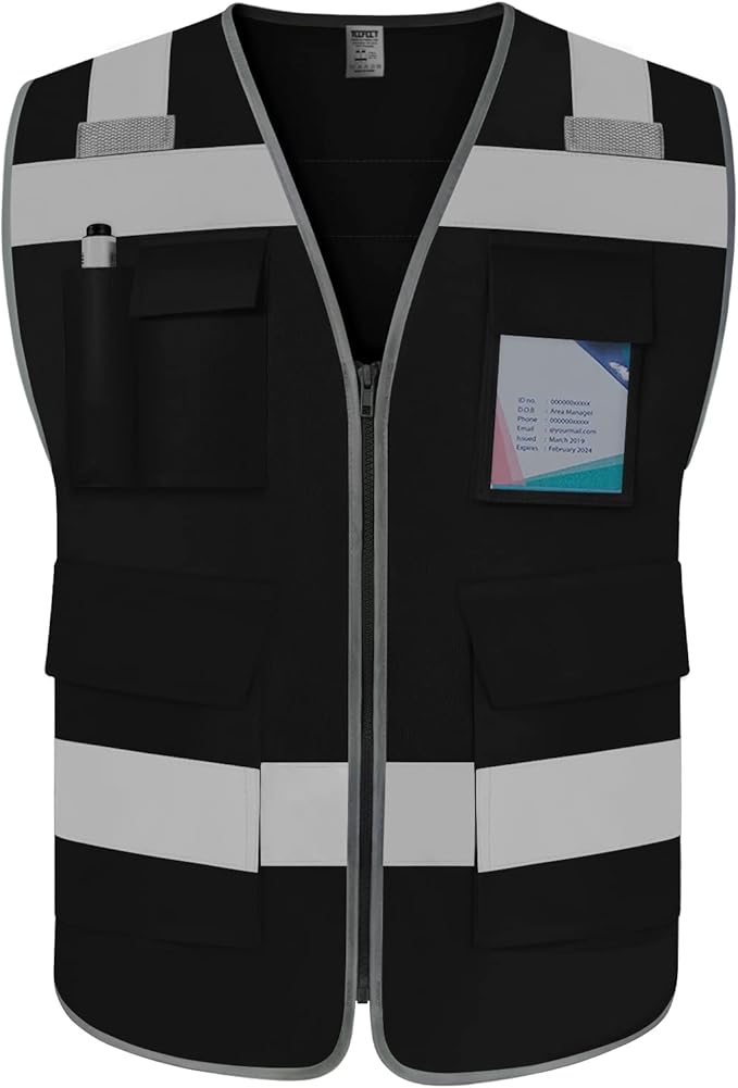 TCCFCCT Construction Vest 5 Pockets Reflective Safety Vest for Men Women, High Visibility Work Vest with Tabs for Walkie-talkie, Durable to Use, Meets ANSI/ISEA, Black, S