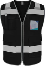 TCCFCCT Safety Vest for Men Women 5 Pockets Reflective Vest with Reinforced Zipper, High Visibility Construction Work Vest with Tabs for Walkie-talkie, Durable to Use, Meets ANSI/ISEA, Black, XXL