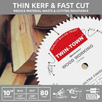 TWIN-TOWN 10-Inch 80-Tooth ATB Fine Finish Wood Cutting Circular Saw Blade, 5/8 Inch Arbor, Compatible with Table and Miter Saws, Premium Quality Woodworking Saw Blade
