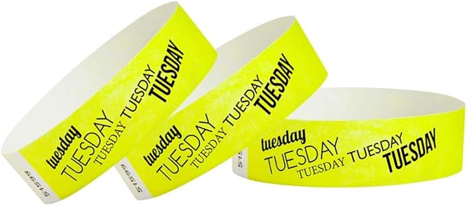 500 WristCo Tuesday Neon Yellow Tyvek Wristbands for Events - ¾” x 10” - Waterproof Recyclable Comfortable Tear Resistant Paper Bracelets Wrist Bands for Concerts Festivals Admission Party