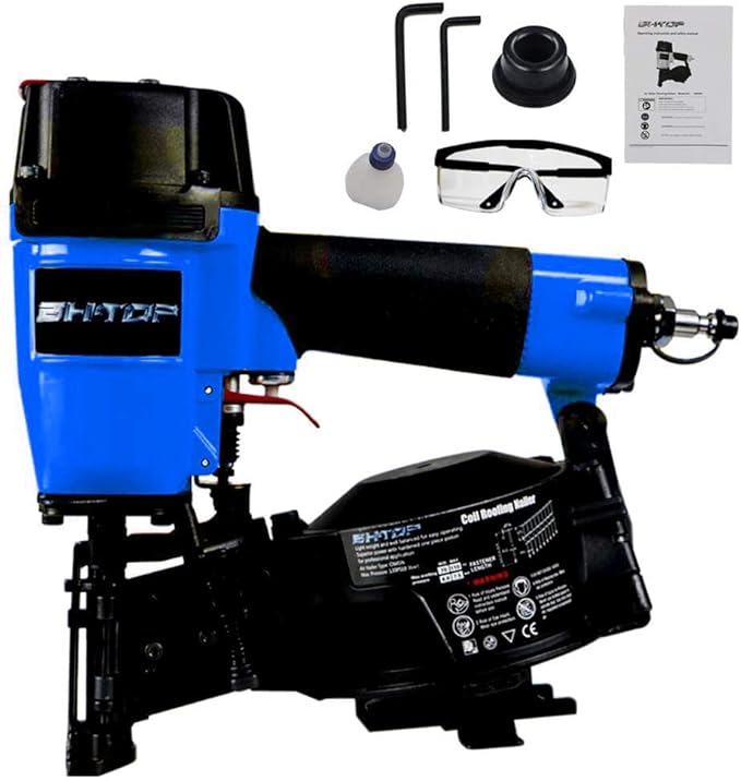 BHTOP CN45N Roofing Nailer, 15 Degree Roofing Nail Gun, 3/4-Inch to 1-3/4-Inch Coil Nails, 120-pcs Load Capacity Coil Nailer in Blue