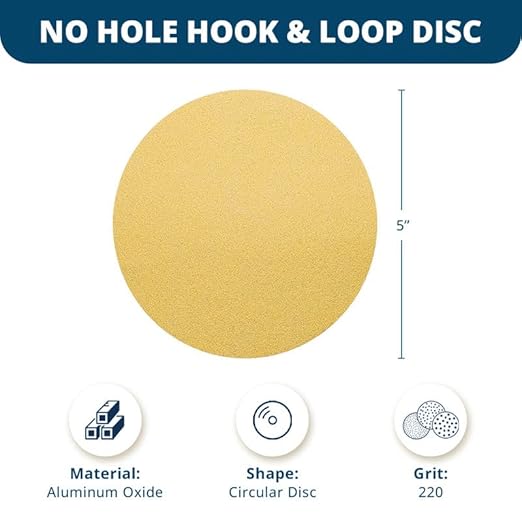 Benchmark Abrasives 5 Inch Sanding Discs Hook and Loop, Aluminum Oxide Stearated Gold No Holes Adhesive Sandpaper for Surface Blending, Automotive - Orbital Sander Sandpaper (50 Discs), 220 Grit