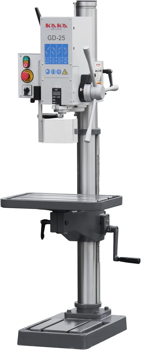 KAKA INDUSTRIAL Floor Drill Press, 0.9kW 220V 3-Phase Gear Head, 8-Speed (130-3200 RPM), Cast Iron Benchtop, 25mm GD-25 Steel Drilling and Milling, MT3 Taper, DRO Depth Control